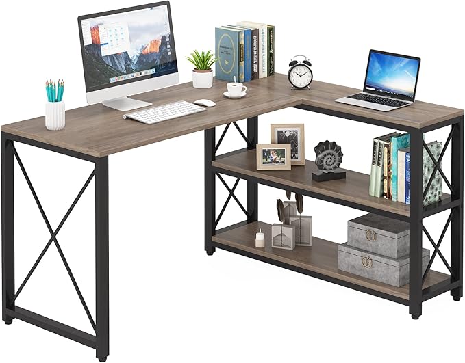 Tribesigns Reversible Industrial L-Shaped Desk with Storage Shelves, Corner Computer Desk PC Laptop Study Table Workstation for Home Office Small Space (Grey, 53") - LeafyLoom