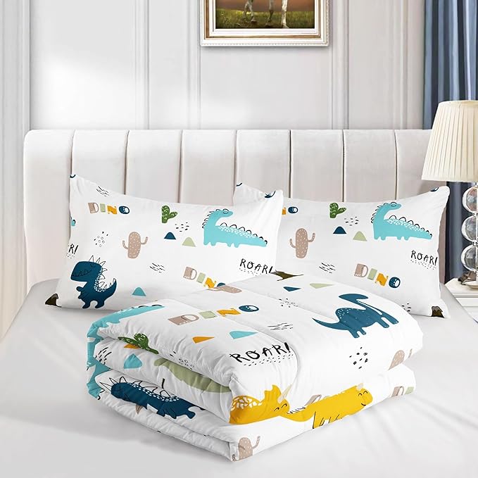 Datura home Dinosaur Comforter Set White Kawaii Dinosaur Printed Quilt Bedding Set with 1 Comforter and 2 Pillowcases for Boys and Girls Bedroom All Season(White Dinosaur Twin) - LeafyLoom