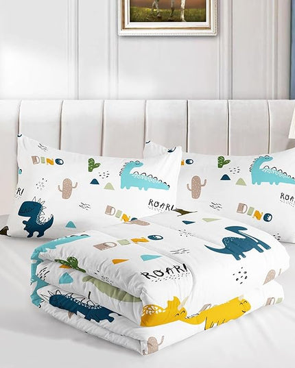 Datura home Dinosaur Comforter Set White Kawaii Dinosaur Printed Quilt Bedding Set with 1 Comforter and 2 Pillowcases for Boys and Girls Bedroom All Season(White Dinosaur Queen) - LeafyLoom