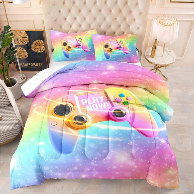 Kids Gamer Comforter Set Girls Pink Purple Gamepad Print Quilt Bedding Set for Boys Girls Twin Size Quilt and Pillowcases All Season - LeafyLoom