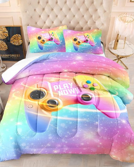 Kids Gamer Comforter Set Girls Pink Purple Gamepad Print Quilt Bedding Set for Boys Girls King Size Quilt and Pillowcases All Season - LeafyLoom