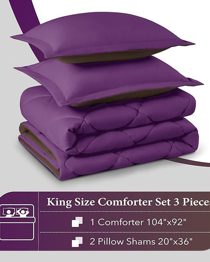 downluxe King Size Comforter Set - Purple and Brown King Comforter, Soft Bedding Comforter Sets for All Seasons, King Comforter Set - 3 Pieces - 1 Comforter (104"x92") and 2 Pillow Shams(20"x36") - LeafyLoom