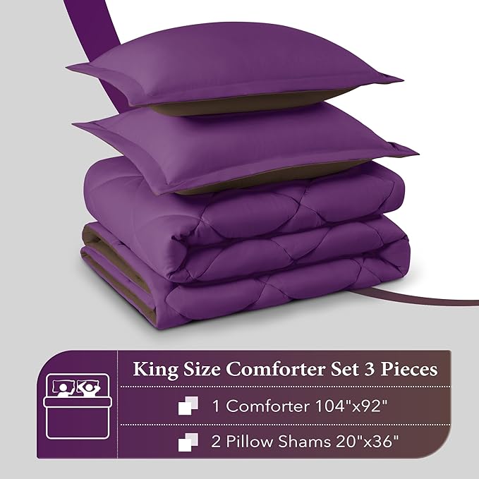 downluxe King Size Comforter Set - Purple and Brown King Comforter, Soft Bedding Comforter Sets for All Seasons, King Comforter Set - 3 Pieces - 1 Comforter (104"x92") and 2 Pillow Shams(20"x36") - LeafyLoom