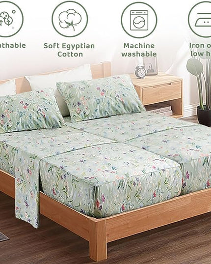 QSH 100% Cotton Sheets for Split King Size Bed, Pattern Botanical Luxury Cotton Printed Floral Bedding Sheets Soft and Breathable 5pcs Deep Pocket Queen Sheet Set - LeafyLoom