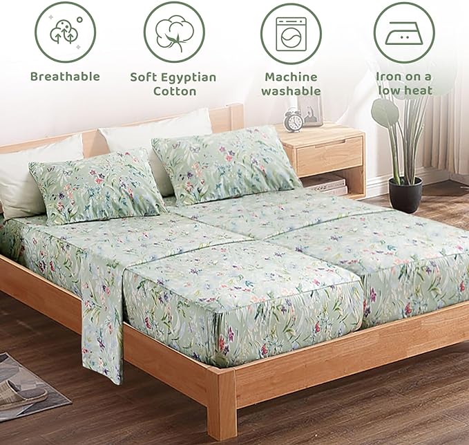 QSH 100% Cotton Sheets for Split King Size Bed, Pattern Botanical Luxury Cotton Printed Floral Bedding Sheets Soft and Breathable 5pcs Deep Pocket Queen Sheet Set - LeafyLoom