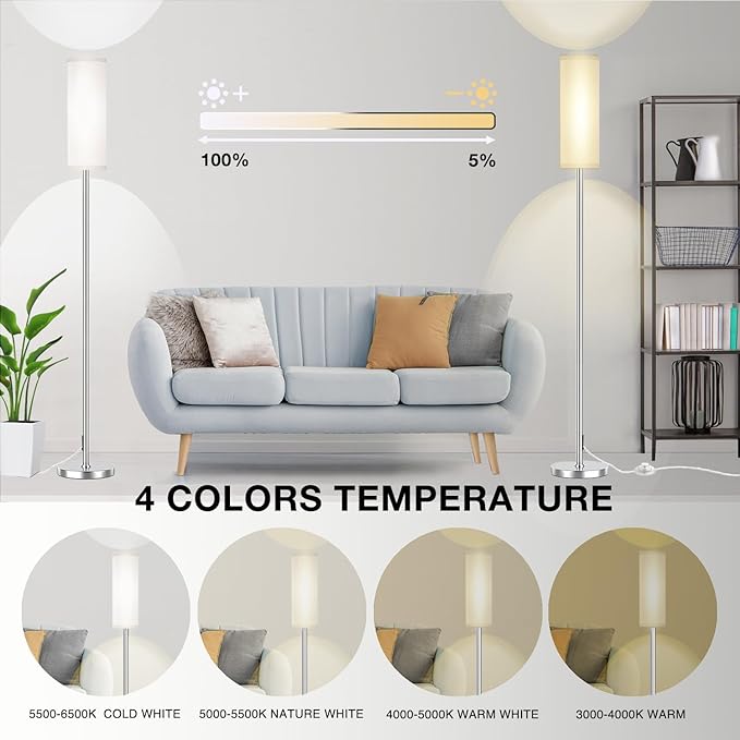 Floor Lamp for Living Room Bedroom with Remote, Modern LED Floor Lamp with Two Adjustment Modes of Reading and Colorful,Standing Lamp Tall Lamp with White,9W Bulb Included(Brushed Nickel) - LeafyLoom