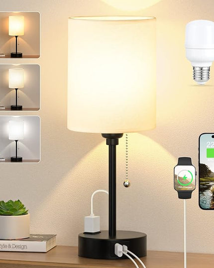 Small Bedroom Lamps with USB C and A Ports 3 Color Temperatures - 2700K 3500K 5000K Pull Chain White Nightstand Bedside Table Lamps with AC Outlet, Metal Base for Kids Reading - LeafyLoom