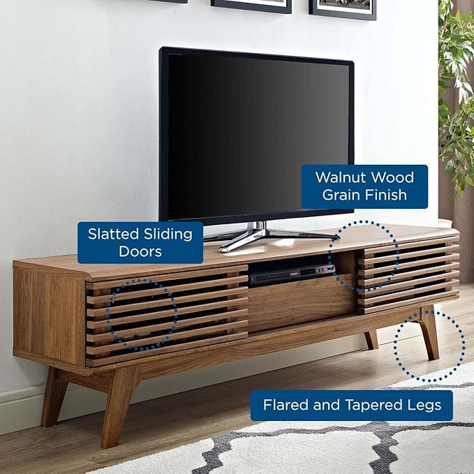 Modway Render Mid-Century Modern Low Profile 59 Inch TV Stand in Walnut - LeafyLoom