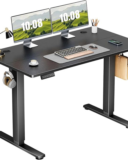Sweetcrispy Electric Adjustable Height Standing Desk - 48 x 24 inch Sit to Stand Up Desk with Splice Board, Rising Home Office Computer Table with 2 Hook and Wire Hole for Work - LeafyLoom