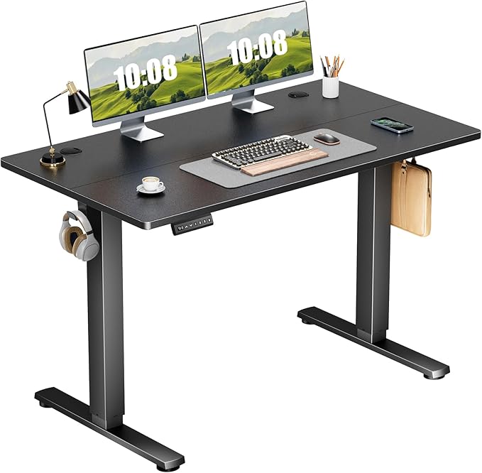 Sweetcrispy Electric Adjustable Height Standing Desk - 48 x 24 inch Sit to Stand Up Desk with Splice Board, Rising Home Office Computer Table with 2 Hook and Wire Hole for Work - LeafyLoom