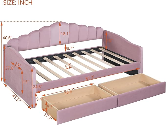 Twin Size Upholstered Daybed with 2 Drawers and Striped Headboard, Solid Wood Velvet Bed with USB Charging Ports, No Box Spring Needed, for Living Room, Bedroom, Dorm, Space-Saving Design - LeafyLoom
