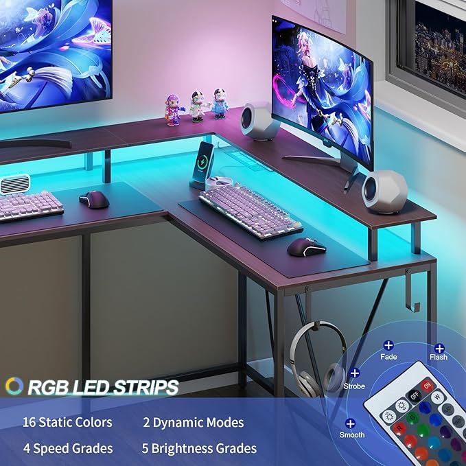 L Shaped Gaming Desk with Power Outlets & LED Lights, Computer Desk with Monitor Stand & Storage Shelf, Home Office Desk Corner Desk with Hooks, Easy to Assemble, Grey Oak - LeafyLoom