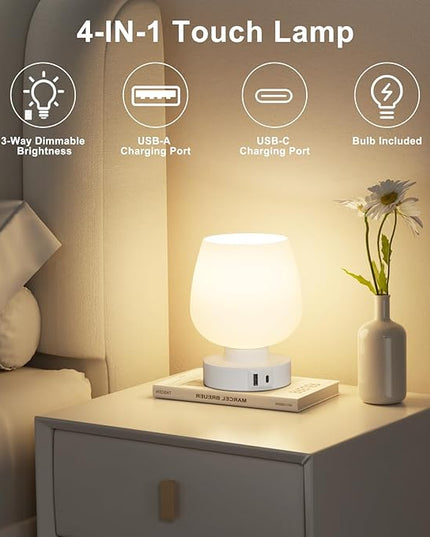 Kakanuo Bedside Table Lamp with Glass Shade, Touch Control, Dual USB A+C Charging Ports, Nightstand Lamp, 3-Way Dimmable, Bulb Included - LeafyLoom