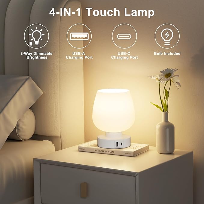 Kakanuo Bedside Table Lamp with Glass Shade, Touch Control, Dual USB A+C Charging Ports, Nightstand Lamp, 3-Way Dimmable, Bulb Included - LeafyLoom