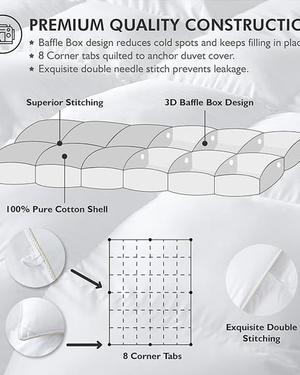 Luxurious Oversized King 108" x 98" Size Goose Down Fiber Waterfowl Feather Fiber Comforter Duvet, 100% Egyptian Cotton Cover, 65 oz. Fill Weight, Baffle Box Design, White Solid - LeafyLoom