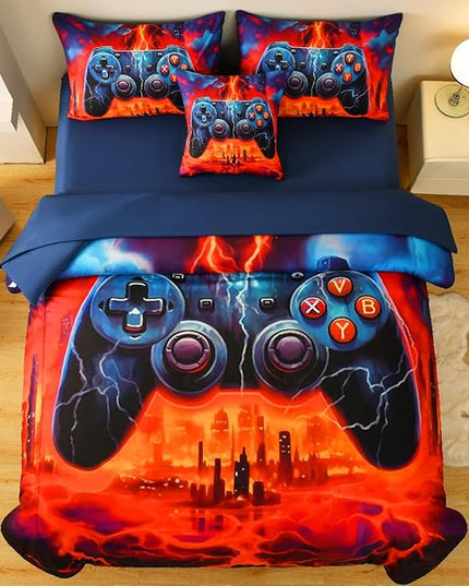 Game Console Full Comforter Set with Sheets, Microfiber 6 Pcs Bed in A Bag Full Size Gamer Bedding Set for Boys Kids Teens - LeafyLoom