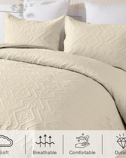 WONGS BEDDING Khaki Comforter Set Queen Size(90“×90”), Boho Geometric Textured Bedding Comforter Sets - 3 Pieces Reversible Soft Microfiber Ultrasonic Bedding with 2 Pillowcases - LeafyLoom
