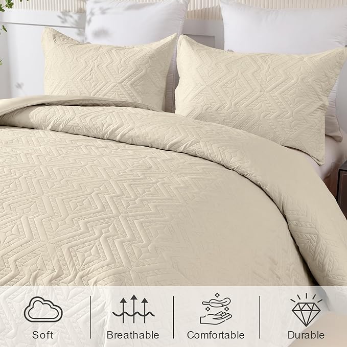 WONGS BEDDING Khaki Comforter Set Queen Size(90“×90”), Boho Geometric Textured Bedding Comforter Sets - 3 Pieces Reversible Soft Microfiber Ultrasonic Bedding with 2 Pillowcases - LeafyLoom