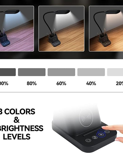 AXX LED Desk Lamp for Home Office, Small Desk Light with Wireless Charger, Black, Bright, Pen Holder, Mini, Kids Study Lamps for College Dorm Room, Task Lamp for Puzzles/Crafts/Bedrooms Reading - LeafyLoom