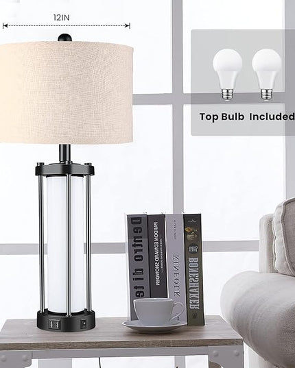 Table Lamps for Living Room Set of 2,26" Tall Bedside Farmhouse Table Lamps with LED Lantern Nightlight,Bedroom Nightstand Lamps with Dual USB Port Beige Fabric Shade (Bulbs Included) - LeafyLoom