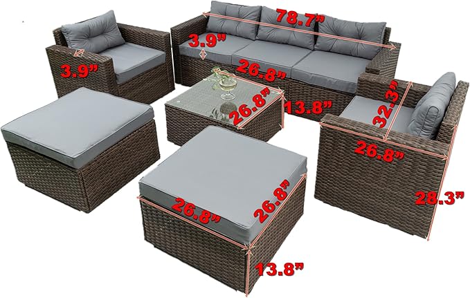 6-Piece Outdoor Rattan Patio Furniture Set, Wicker Sectional Sofa with Removeable Cushions and Tempered Glass Table Top, Conversation Couch for Garden Yark Lawn Backyard, Onesize, Brown - LeafyLoom