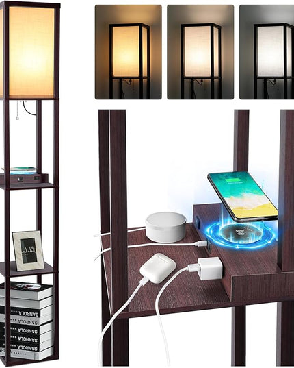 Floor Lamp with Wireless Charger, Modern Shelves Floor Lamp with USB A+C Ports & 2 AC Outlets,3 Color Temperature Corner Floor Lamps for Living Room Bedroom Office - LeafyLoom