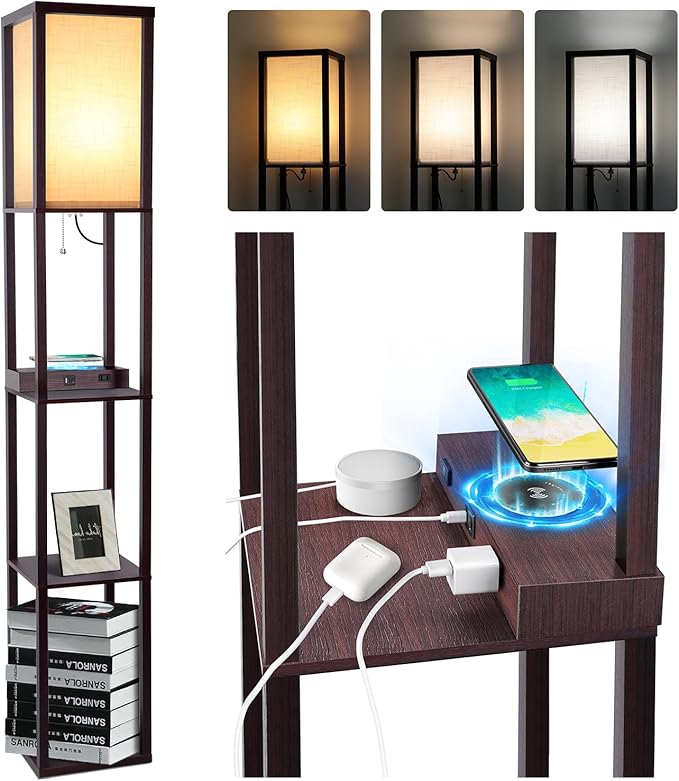 Floor Lamp with Wireless Charger, Modern Shelves Floor Lamp with USB A+C Ports & 2 AC Outlets,3 Color Temperature Corner Floor Lamps for Living Room Bedroom Office - LeafyLoom
