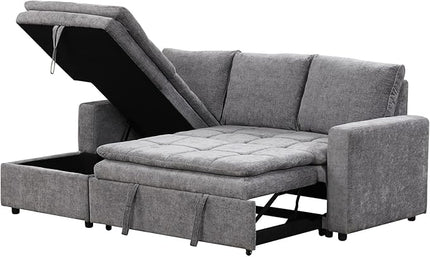 89'' L Shaped Upholstered Convertible Sleeper Sectional Sofa with Storage Chaise and Pull-Out Bed, 3-Seat Reversible Corner Couches for Living Rooms, Offices, Apartment, Gray, 89 Inch - LeafyLoom