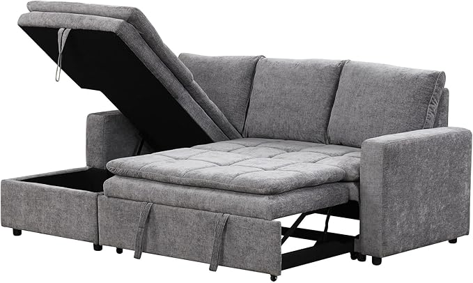 89'' L Shaped Upholstered Convertible Sleeper Sectional Sofa with Storage Chaise and Pull-Out Bed, 3-Seat Reversible Corner Couches for Living Rooms, Offices, Apartment, Gray, 89 Inch - LeafyLoom