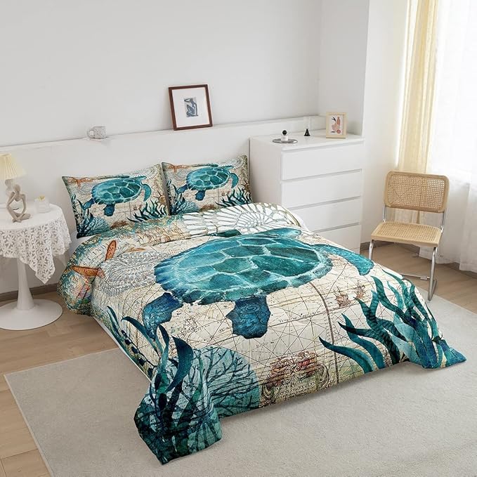 Turtle Bedding Teal Turtle Comforter Set Turquoise Ocean Themed Mediterranean Style Printed Design Ocean Turtle Down Comforter Quilted Duvet Set King Size 1 Comforter 2 Pillowcases (King, Turtle) - LeafyLoom