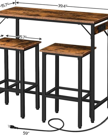 HOOBRO Bar Table Set with Power Outlet, 39.4“ Bar Table and Chairs Set, 3-Piece Pub Table Set for Small Space, Kitchen Bar Height Table with Stools of 2, Easy to Assemble, Rustic Brown BF45UBT01 - LeafyLoom