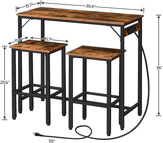 HOOBRO Bar Table Set with Power Outlet, 39.4“ Bar Table and Chairs Set, 3-Piece Pub Table Set for Small Space, Kitchen Bar Height Table with Stools of 2, Easy to Assemble, Rustic Brown BF45UBT01 - LeafyLoom