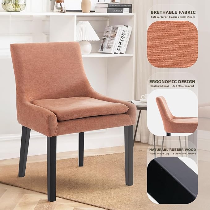 COLAMY Modern Dining Chairs Set of 2, Upholstered Corduroy Accent Side Leisure Chairs with Mid Back and Wood Legs for Living Room/Dining Room-Pink - LeafyLoom