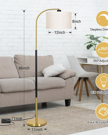 Dimmable Floor Lamp for Living Room, Arc Floor Lamps with Adjustable Drum Shade Pedal Switch, Black and Gold Tall Standing Lamp with 9W LED Bulb, Modern Reading Light Pole Lamp for Bedroom, Office - LeafyLoom