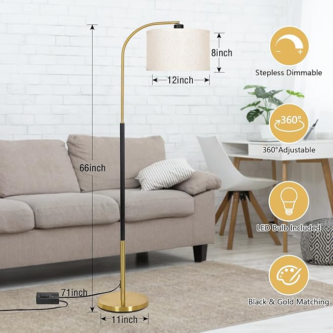 Dimmable Floor Lamp for Living Room, Arc Floor Lamps with Adjustable Drum Shade Pedal Switch, Black and Gold Tall Standing Lamp with 9W LED Bulb, Modern Reading Light Pole Lamp for Bedroom, Office - LeafyLoom