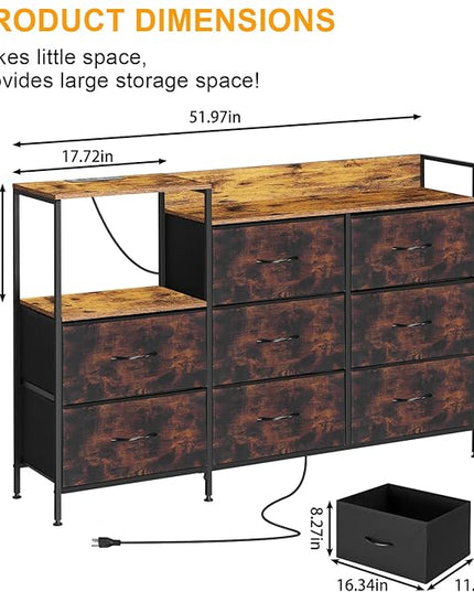 MOOACE TV Stand with Charging Station, 52'' Long TV Stand with 8 Storage Drawers and Open Shelves, Chests, Dresser for Bedroom, Living Room, Brown - LeafyLoom