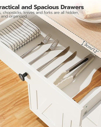 HOOBRO 43.3 Inch Kitchen Island with Charging Station, Rolling Kitchen Island with Storage, Kitchen Island Cart with Spice Rack and Hooks, for Kitchen, Living Room, White and Natural WN11UZD01 - LeafyLoom