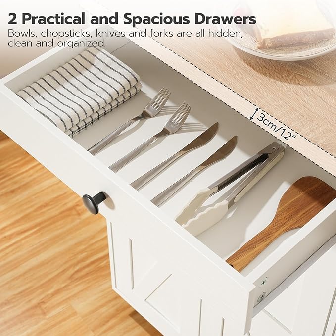 HOOBRO 43.3 Inch Kitchen Island with Charging Station, Rolling Kitchen Island with Storage, Kitchen Island Cart with Spice Rack and Hooks, for Kitchen, Living Room, White and Natural WN11UZD01 - LeafyLoom