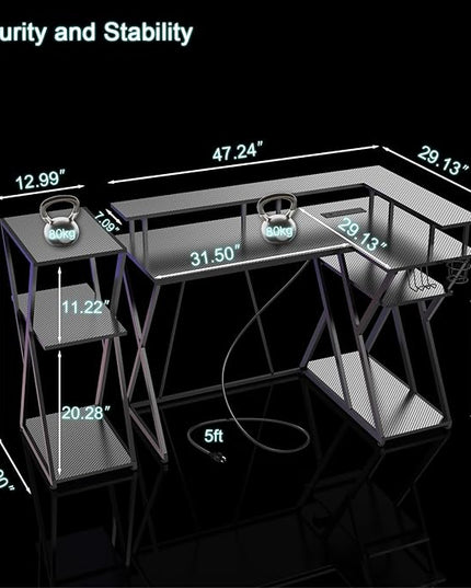 47 Inch L Shaped Gaming Desk L Desk Gaming Desk with Led Lights Computer Desk with Power Outlets Gaming Table Corner Desk for Bedroom Small Desk for Home Office,Black - LeafyLoom