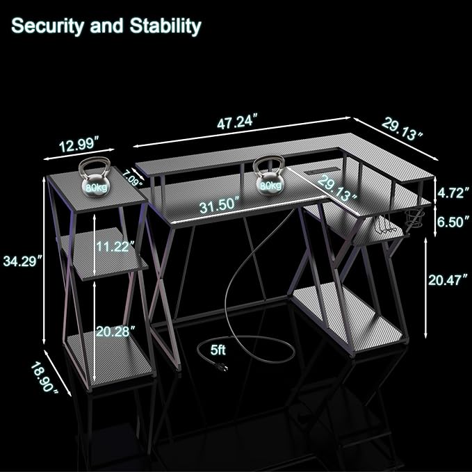 47 Inch L Shaped Gaming Desk L Desk Gaming Desk with Led Lights Computer Desk with Power Outlets Gaming Table Corner Desk for Bedroom Small Desk for Home Office,Black - LeafyLoom