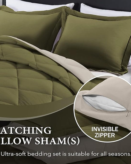 downluxe Queen Comforter Set, Lightweight Solid Down Alternative Reversible, 3-Piece Queen Size Comforter Set with 2 Reversible Pillow Shams (Olive Green/Ivory) - LeafyLoom