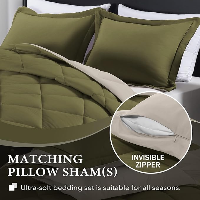 downluxe Lightweight Solid Comforter Set (Twin) with 1 Pillow Sham - 2-Piece Set - Olive Green and Ivory - Down Alternative Reversible Comforter - LeafyLoom