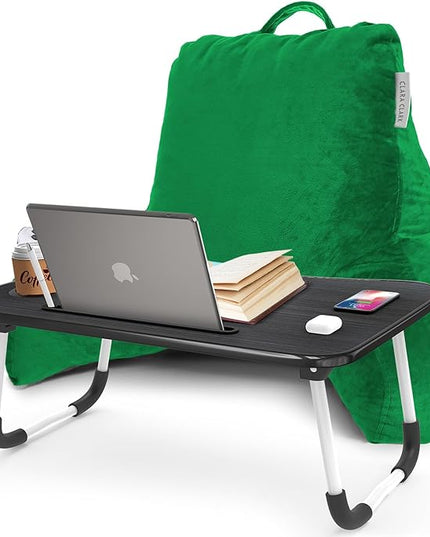 Clara Clark Reading Pillow with Portable Lap Desk for laptop Set, Back Pillow for Sitting Up in Bed, Memory Foam Back Support Pillow, Bed Rest Pillow with Foldable Laptop Desk, Standard - Green - LeafyLoom