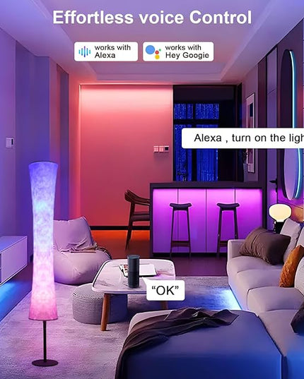 AKT LIGHTING Smart Floor Lamp, RGB Color Changing LED Lamp, App Control Modern Floor Lamp with DIY Mode and Music Sync, Standing Lamp with White Fabric Shade for Living Room, Bedroom and Play Room - LeafyLoom