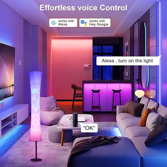 AKT LIGHTING Smart Floor Lamp, RGB Color Changing LED Lamp, App Control Modern Floor Lamp with DIY Mode and Music Sync, Standing Lamp with White Fabric Shade for Living Room, Bedroom and Play Room - LeafyLoom