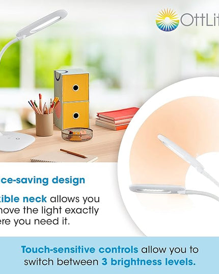 OttLite LED Soft Touch Desk Lamp - 3 Brightness Settings with Energy Efficient Natural Daylight LEDs - Adjustable Flexible Neck & Touch Controls for Tabletops, Home Office, Computer Desk, & Dorms - LeafyLoom