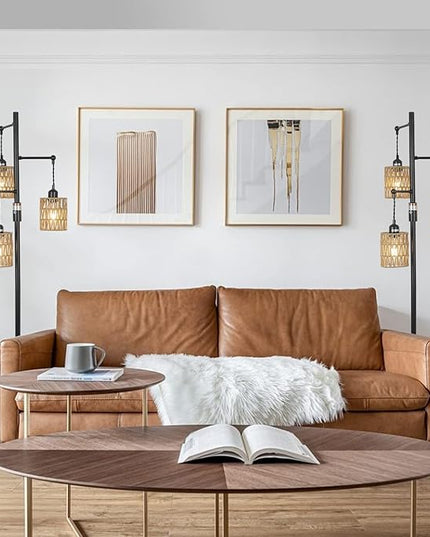 Bohemian Farmhouse Floor Lamp, Black, 65-Inch, Dimmable, 3 E26 UL Sockets, Natural Rattan Shade, Reinforced Metal Base, 24 Months Warranty - LeafyLoom