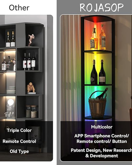 ROJASOP 5 Tiers Corner Shelf with Light Tall Display Shelf for Collectibles Control Multiple Color Lights via APP and Remote Control Floor Lamp with Shelf Supports Dimming for Living Room Bedroom Home - LeafyLoom