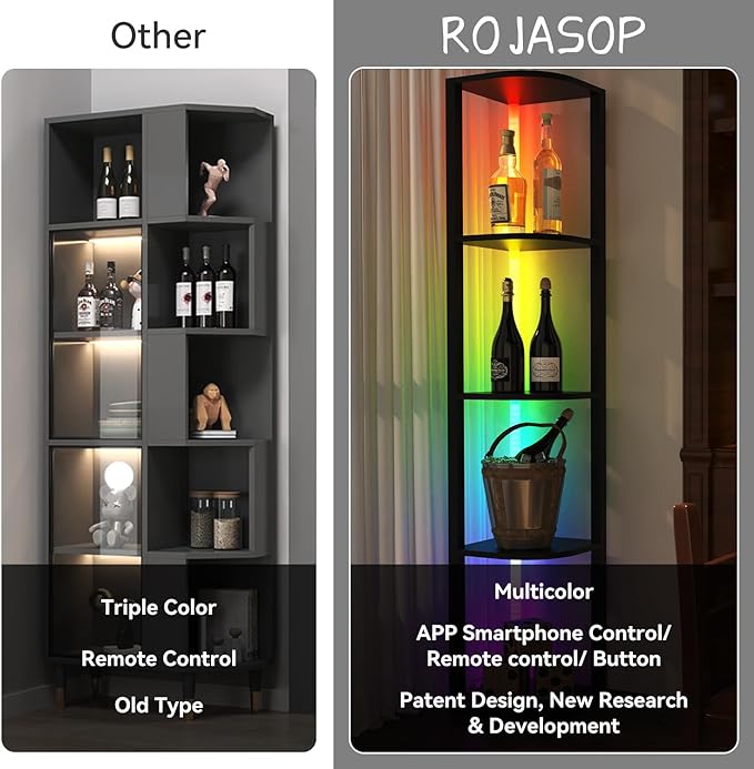 ROJASOP 5 Tiers Corner Shelf with Light Tall Display Shelf for Collectibles Control Multiple Color Lights via APP and Remote Control Floor Lamp with Shelf Supports Dimming for Living Room Bedroom Home - LeafyLoom