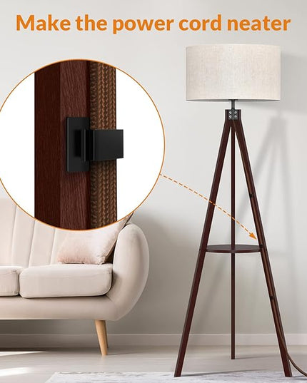 LEPOWER Tripod Floor Lamp, Mid Century Wood Standing Lamp, Modern Design Shelf Floor Lamp for Living Room, Bedroom, Office, Flaxen Lamp Shade with E26 Lamp Base Walnut - LeafyLoom